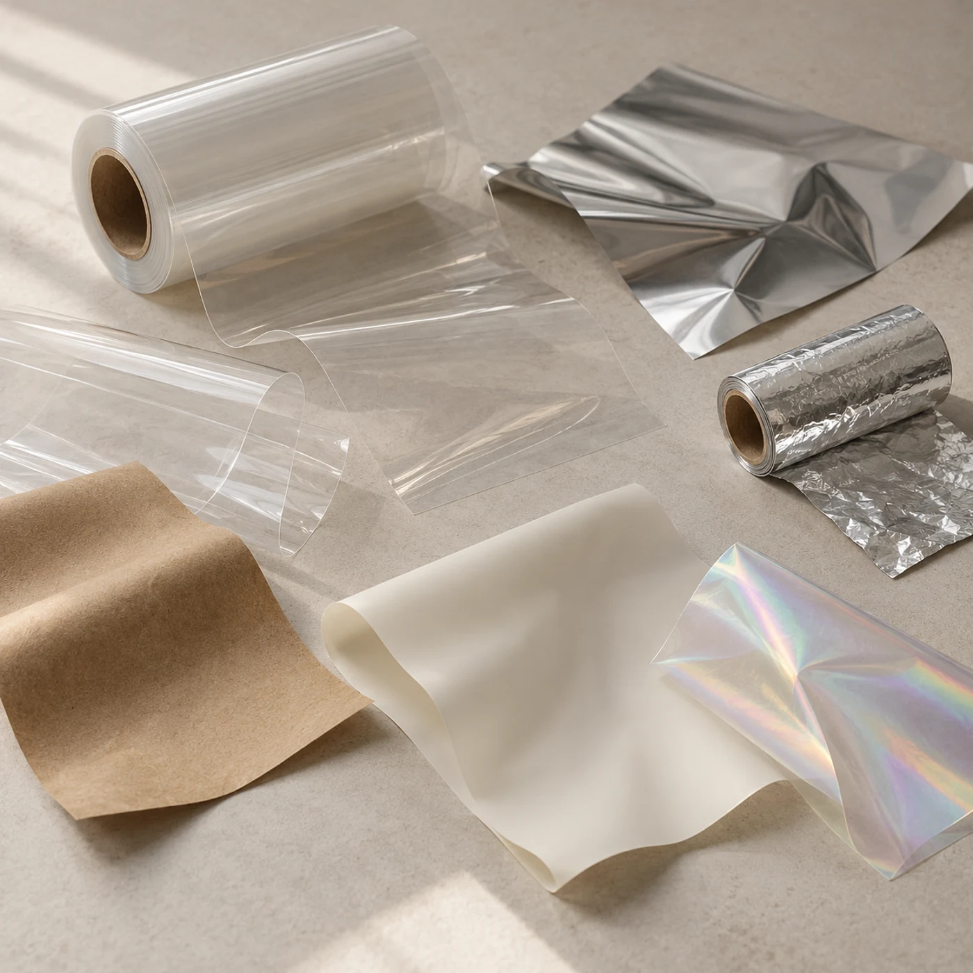 Illustrative arrangement of packaging films, foil and paper