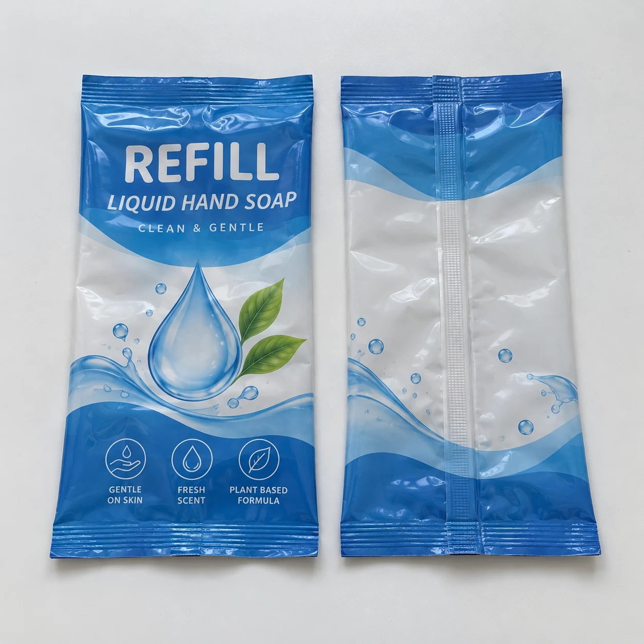 Flat empty center seal bags with refill artwork