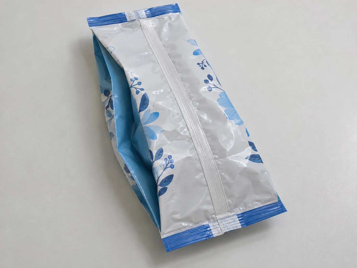 Flat empty center seal gusset bags with daily powder artwork