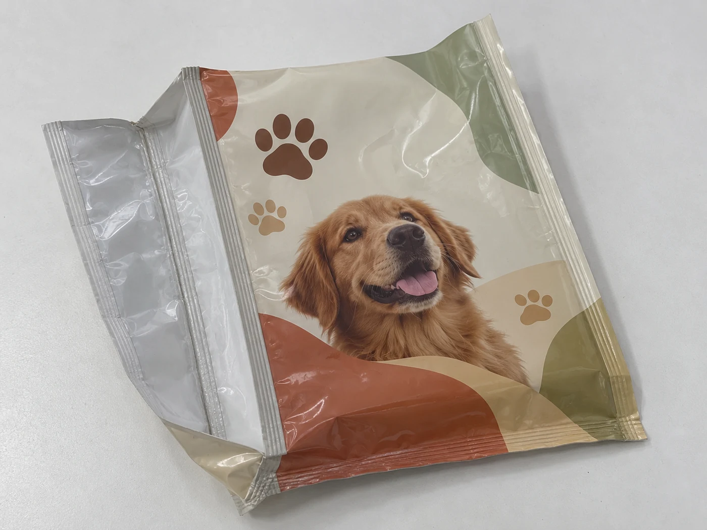 Flat empty quad seal gusset bags with pet treats artwork