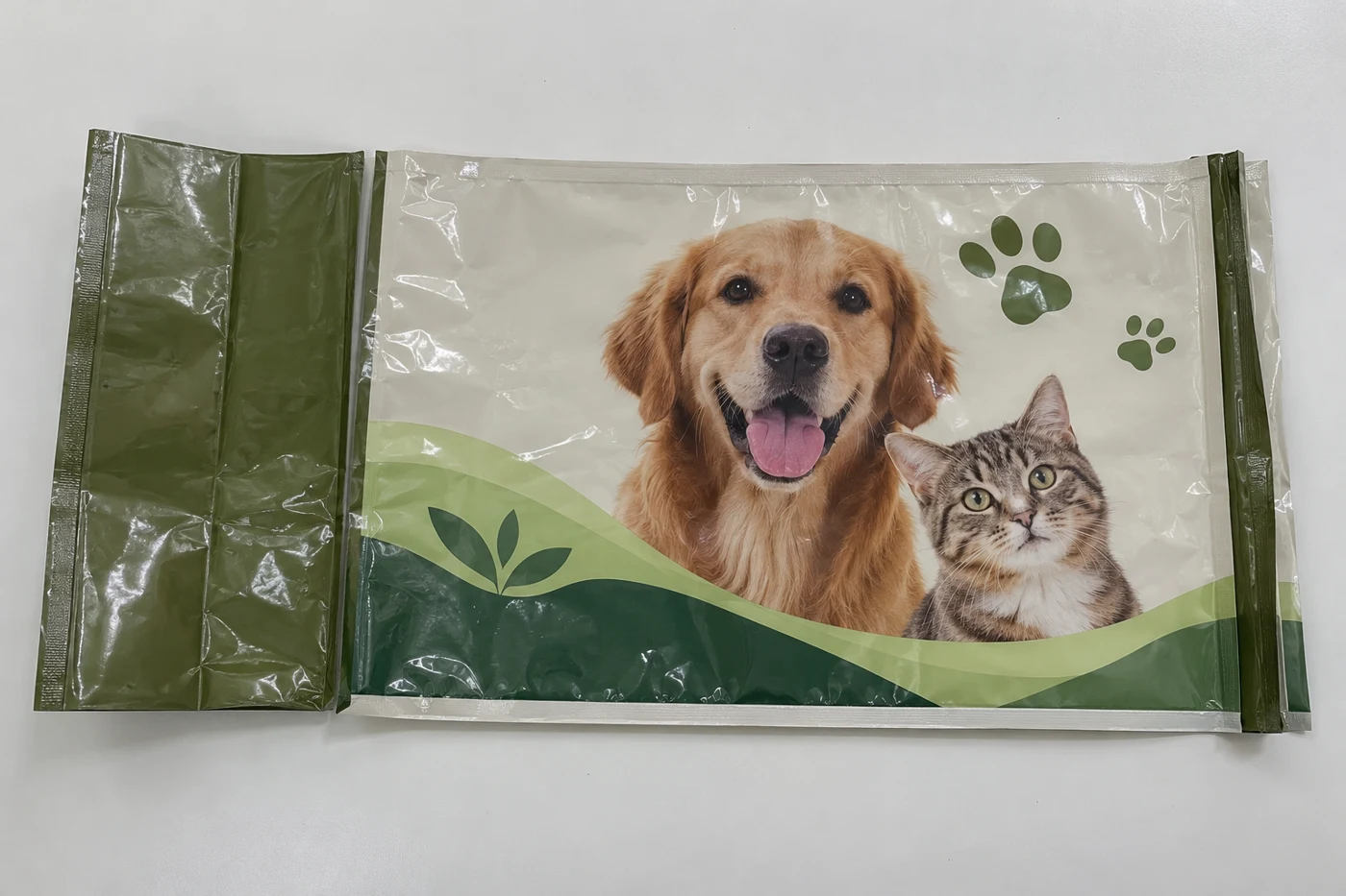 Flat empty side gusset bags with pet treats artwork
