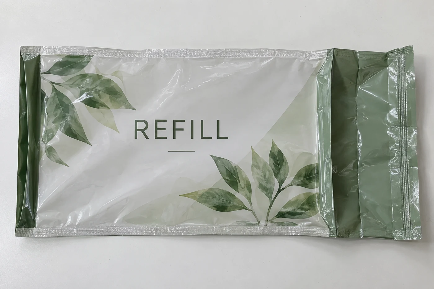 Flat empty side gusset bags with refill artwork