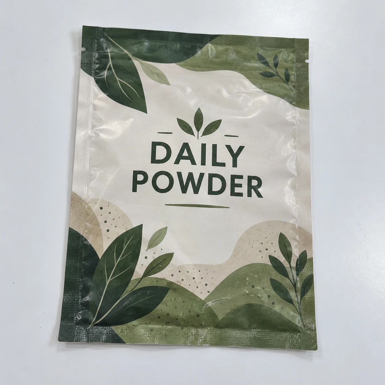 Flat empty three side seal pouches with daily powder artwork