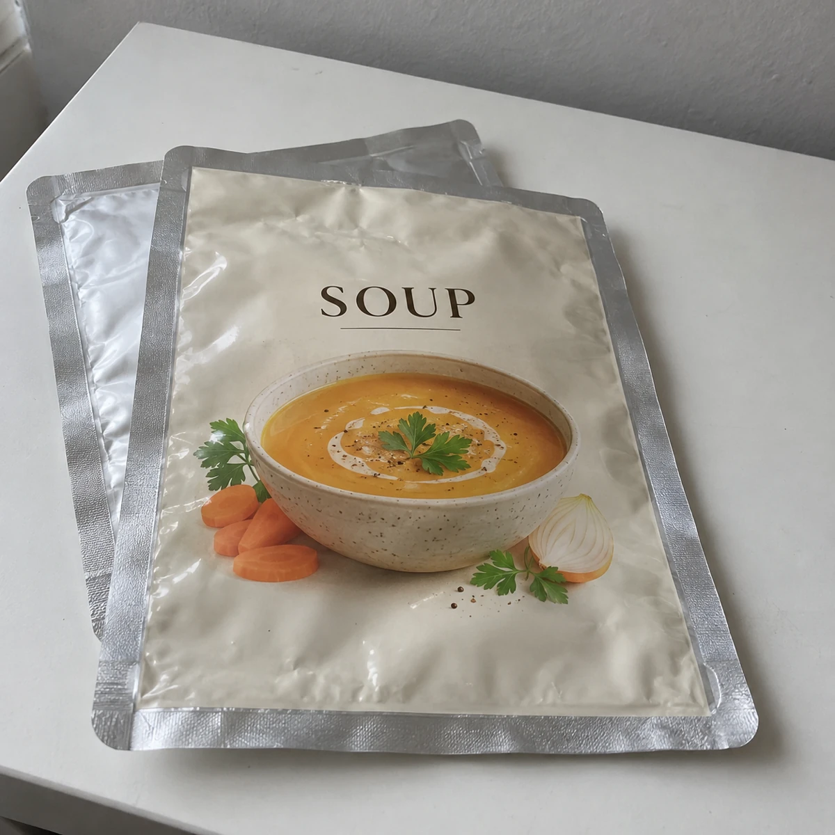 Empty retort pouches sample with soup artwork, fully displayed on a table