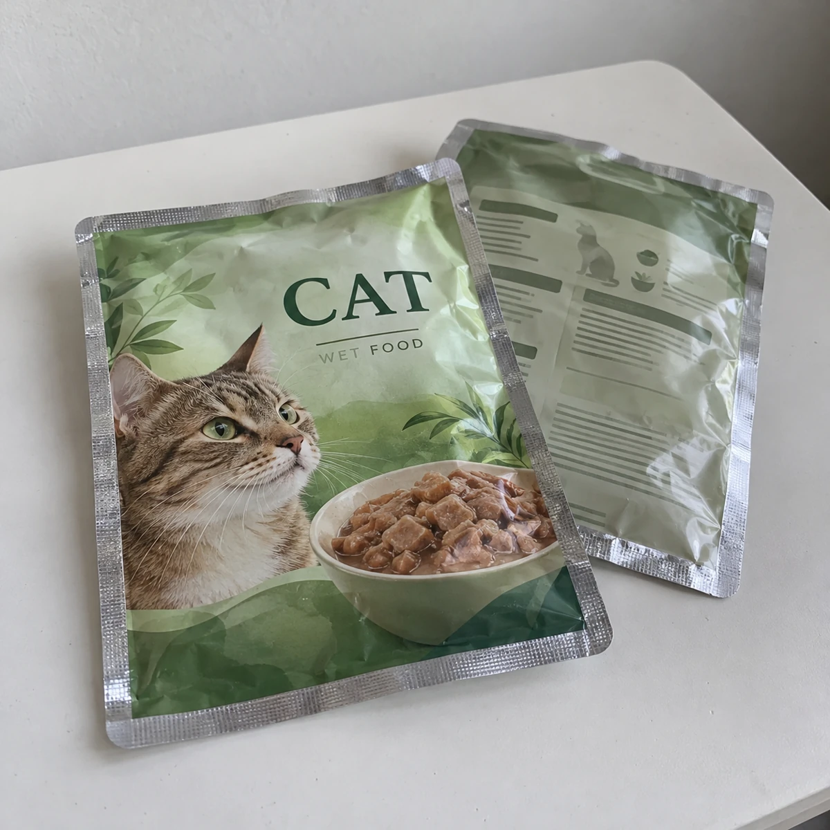 Empty retort pouches sample with wet cat food artwork, fully displayed on a table