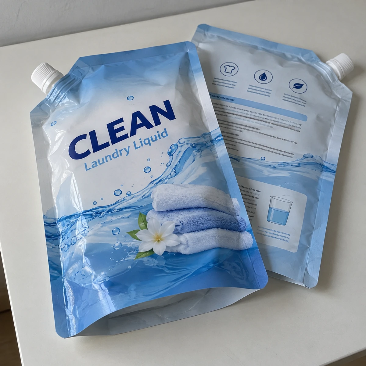 Empty spout pouches sample with laundry liquid artwork, fully displayed on a table