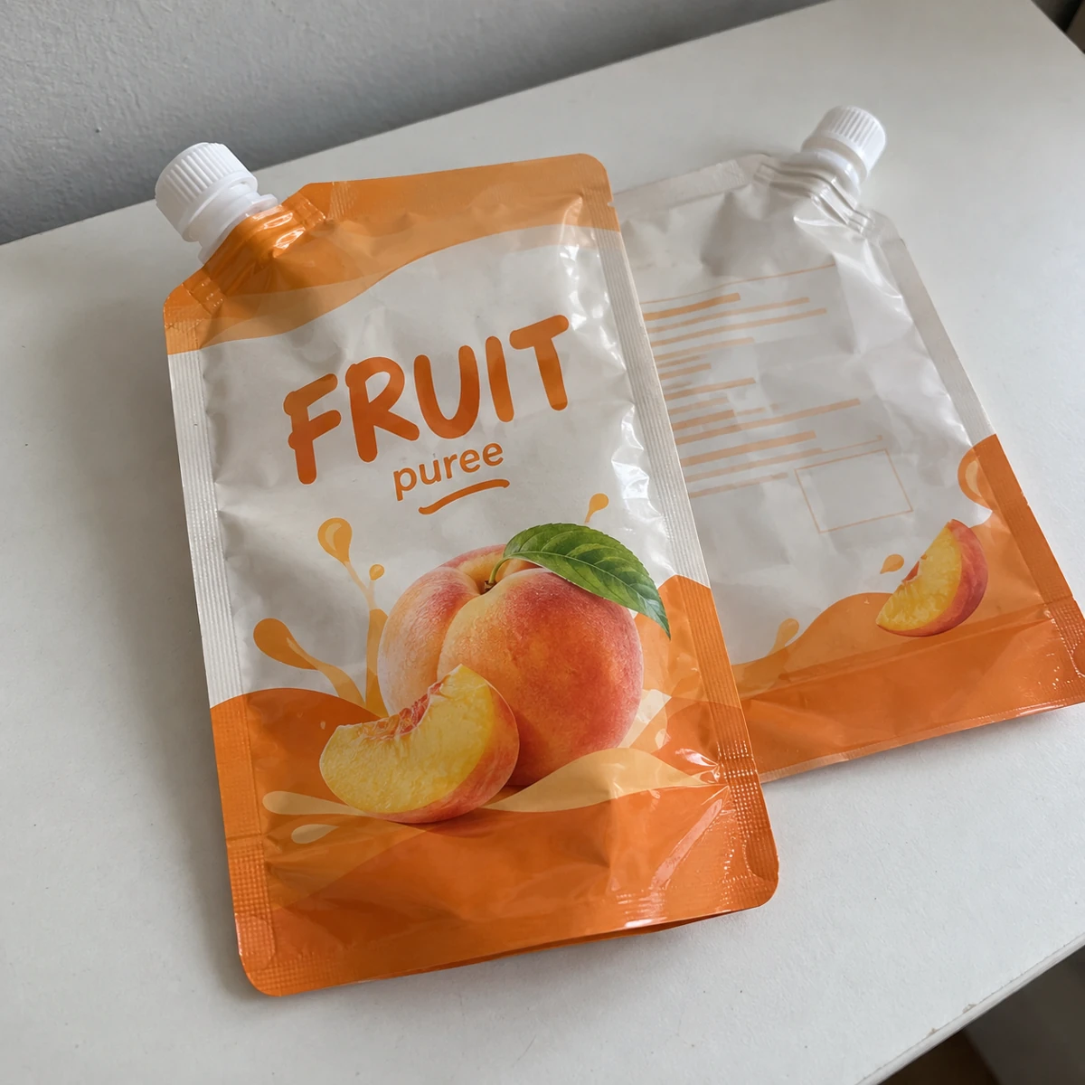 Empty spout pouches sample with fruit puree artwork, fully displayed on a table