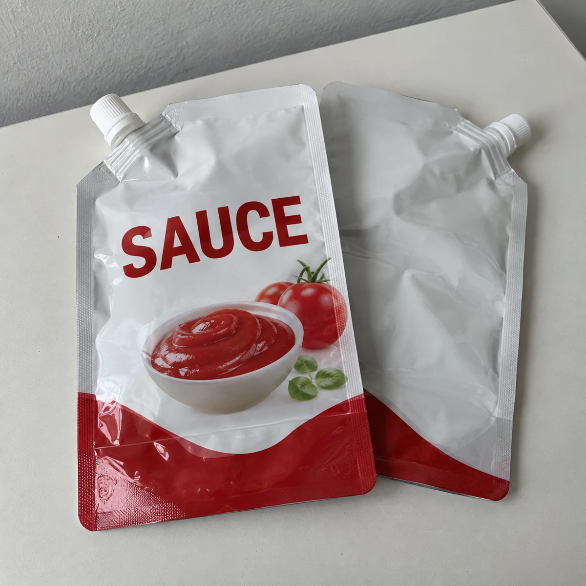 Empty spout pouches sample with sauce refill artwork, fully displayed on a table